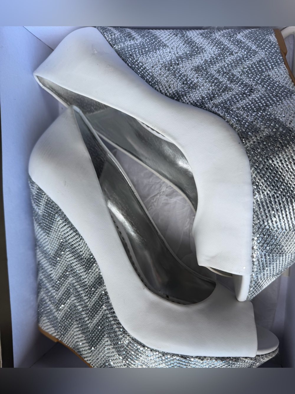 bebe White and Silver Peep-Toe Wedge Sandals